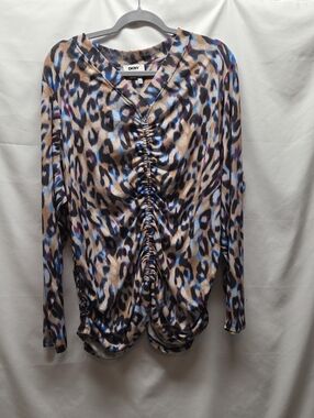 DKNY Beige Leopard-Print Long Sleeve Top with Blue Accents